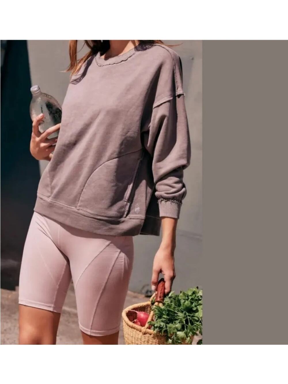 FP Movement Crewneck Sweatshirt Womens XS Pink Washed Pockets Raglan Pullover